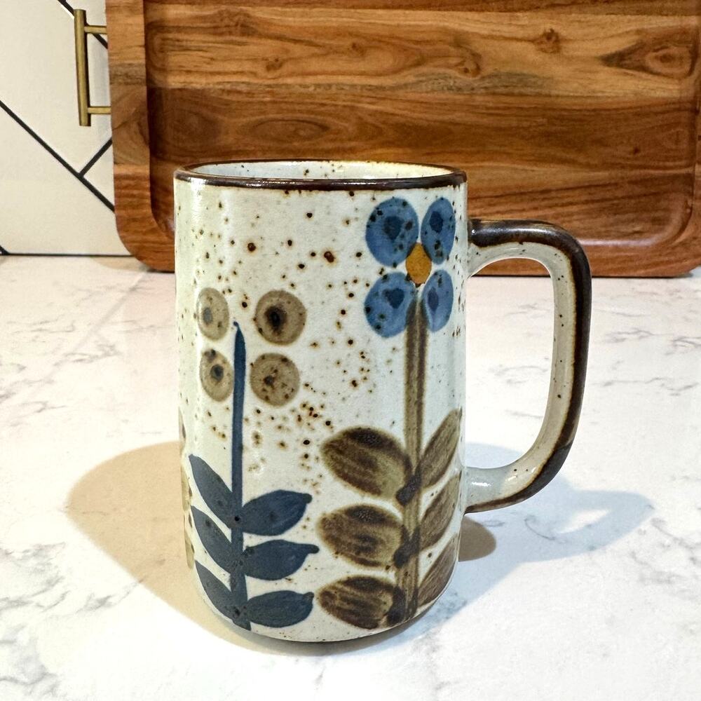Vintage Otagiri Japan Glazed Ceramic Brown blue green floral 5” mug 70s MCM - Picture 1 of 8